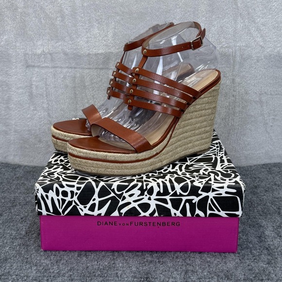 Diane Von Furstenberg Shoes - Diane Von Furstenberg Sandals Womens 9.5 Brown GABBY Leather Espadrille Wedge